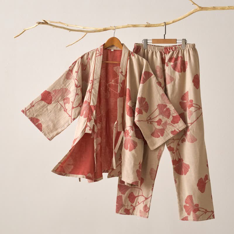 Bawełniana piżama kimono z motywem liści miłorzębu w kolorze beżowo-różowym, rozmiar XL
