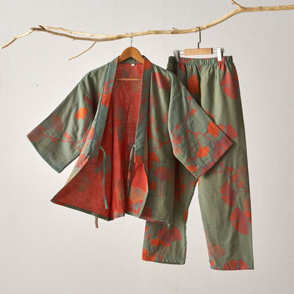 Bawełniana piżama kimono z motywem liści miłorzębu w kolorze zielono-pomarańczowym, rozmiar XL