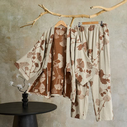 Bawełniana piżama kimono z motywem liści miłorzębu w kolorze beżowym, rozmiar XL