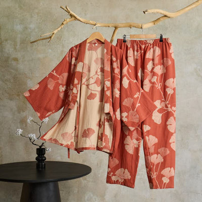 Bawełniana piżama kimono z motywem liści miłorzębu w kolorze różowym, rozmiar XL