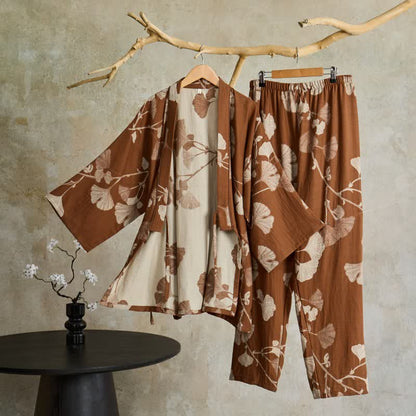 Bawełniana piżama kimono z motywem liści miłorzębu w kolorze brązowym, rozmiar XL