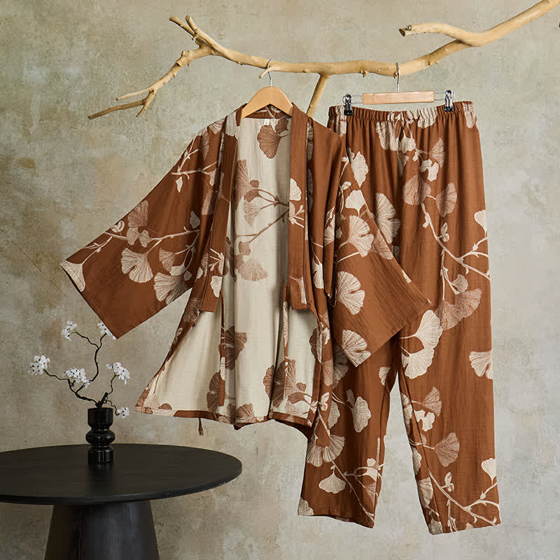 Damski komplet piżamowy kimono – luźny krój i wiązanie boczne