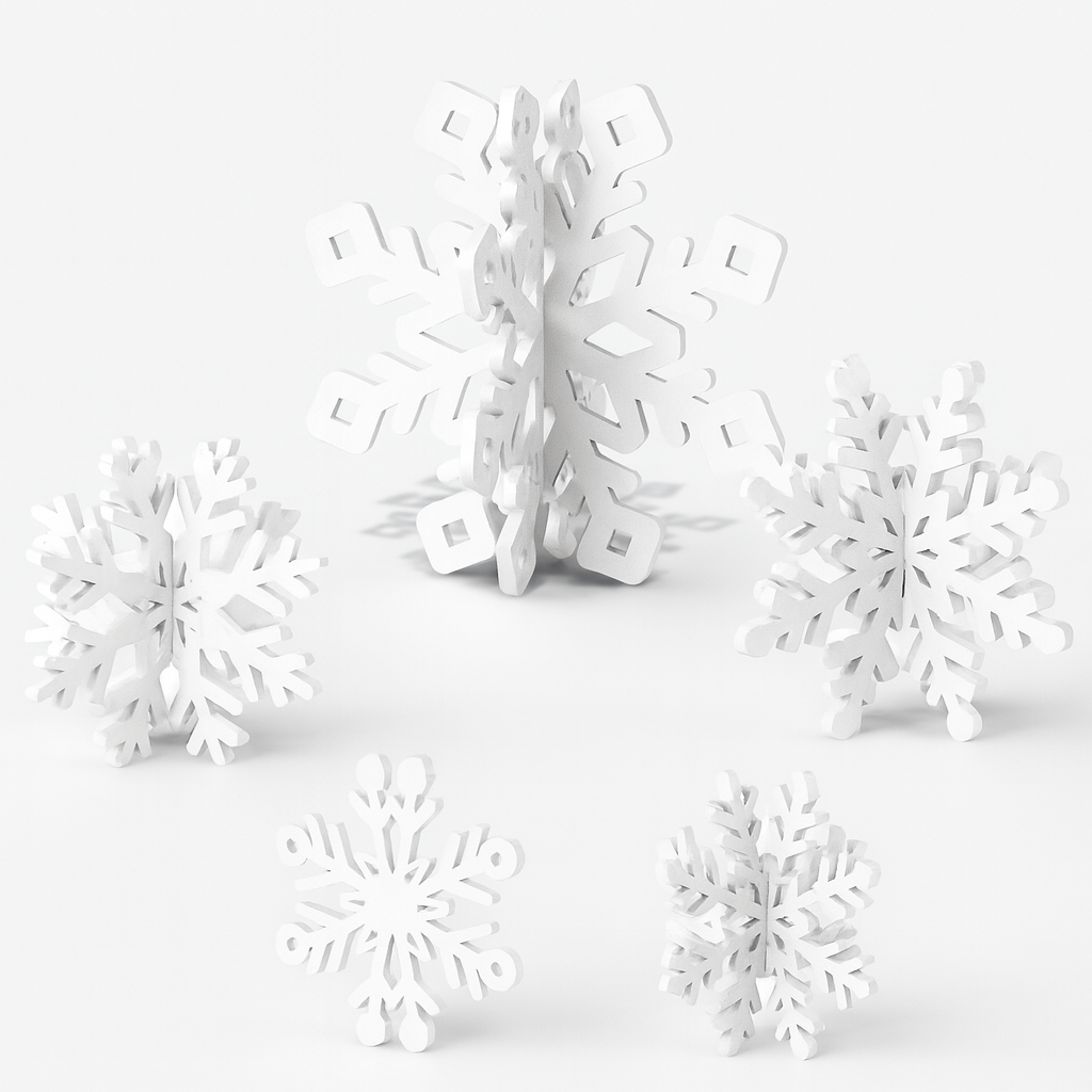 Zestaw 6 Białych Drewnianych Ozdób Świątecznych w Kształcie Płatków Śniegu do Dekoracji Stołu