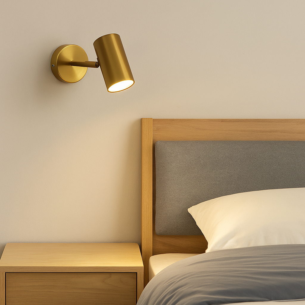 Metalowa lampa ścienna w kolorze złotym – zbliżenie na klosz