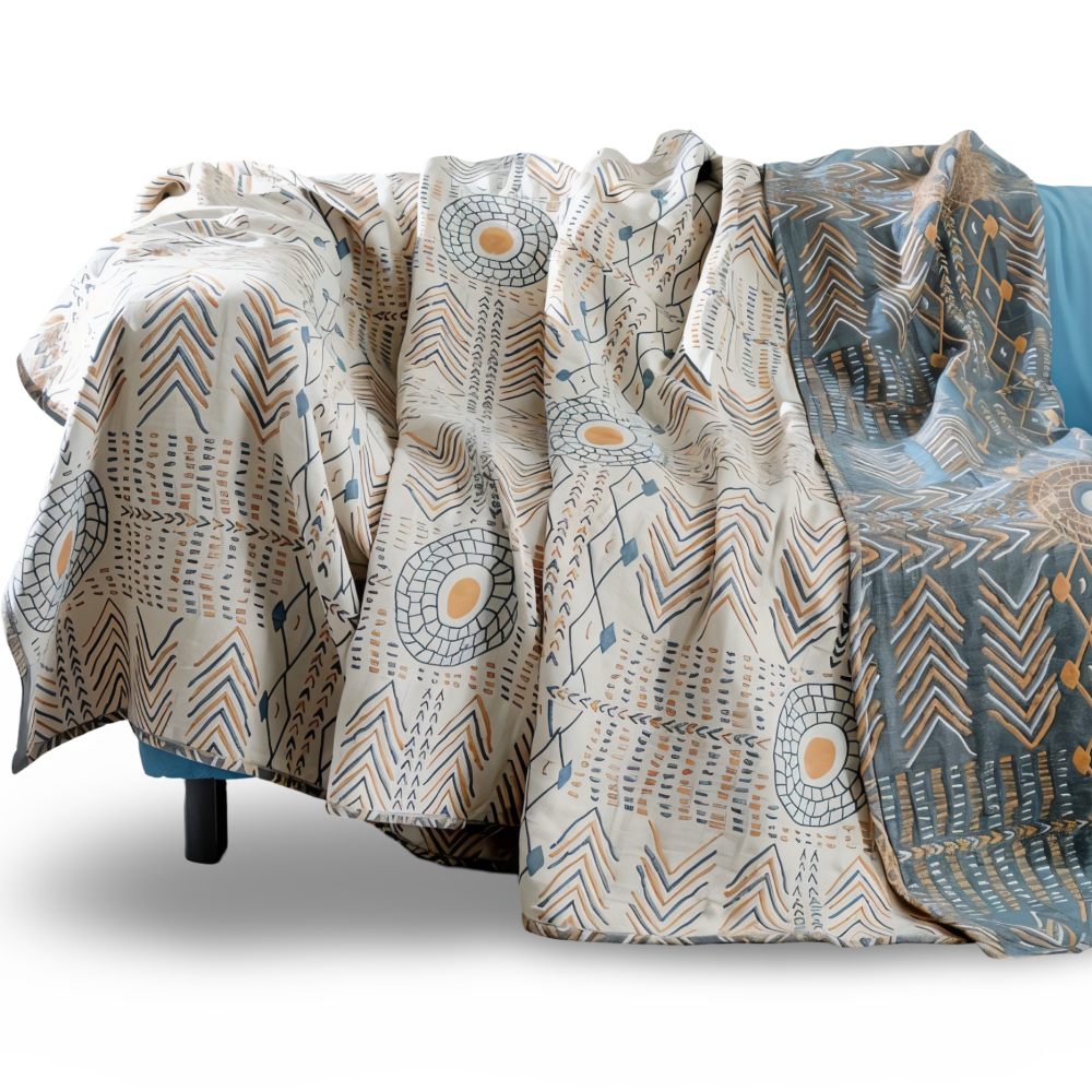 Ciepły Koc Bawełniany 150x200 cm, Odwracalny Pled Boho w Stylu Geometricznym, Idealny na Wszystkie Pory Roku 0