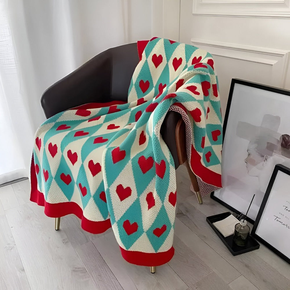 Ciepły Koc Fleece z Wzorem Serc 130x150 cm – Miękka Narzuta z Poliesteru i Bawełny do Użytku Całorocznego 0