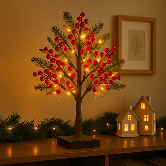 Dekoracyjne Bonsai z Czerwonymi Jagodami, Elastyczne Drzewko z Oświetleniem LED – 30 cm, Sztuczne Kwiaty do Dekoracji Wnętrz 0