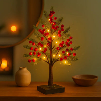 Dekoracyjne Bonsai z Czerwonymi Jagodami, Elastyczne Drzewko z Oświetleniem LED – 30 cm, Sztuczne Kwiaty do Dekoracji Wnętrz 2