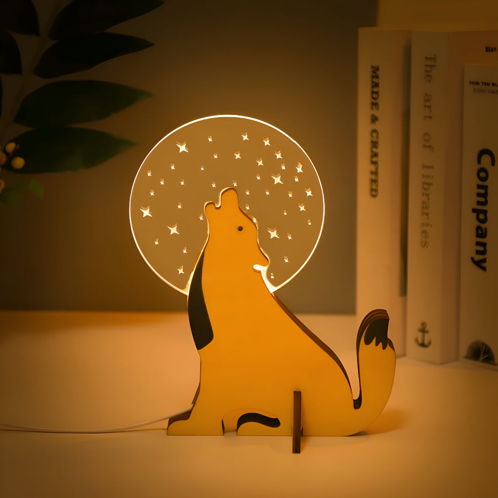 Drewniana Lampa Stołowa LED z Motywami Zwierząt – Urocza Lampa Dziecięca do Pokoju, Akryl i Drewno, Wbudowany Port USB 3