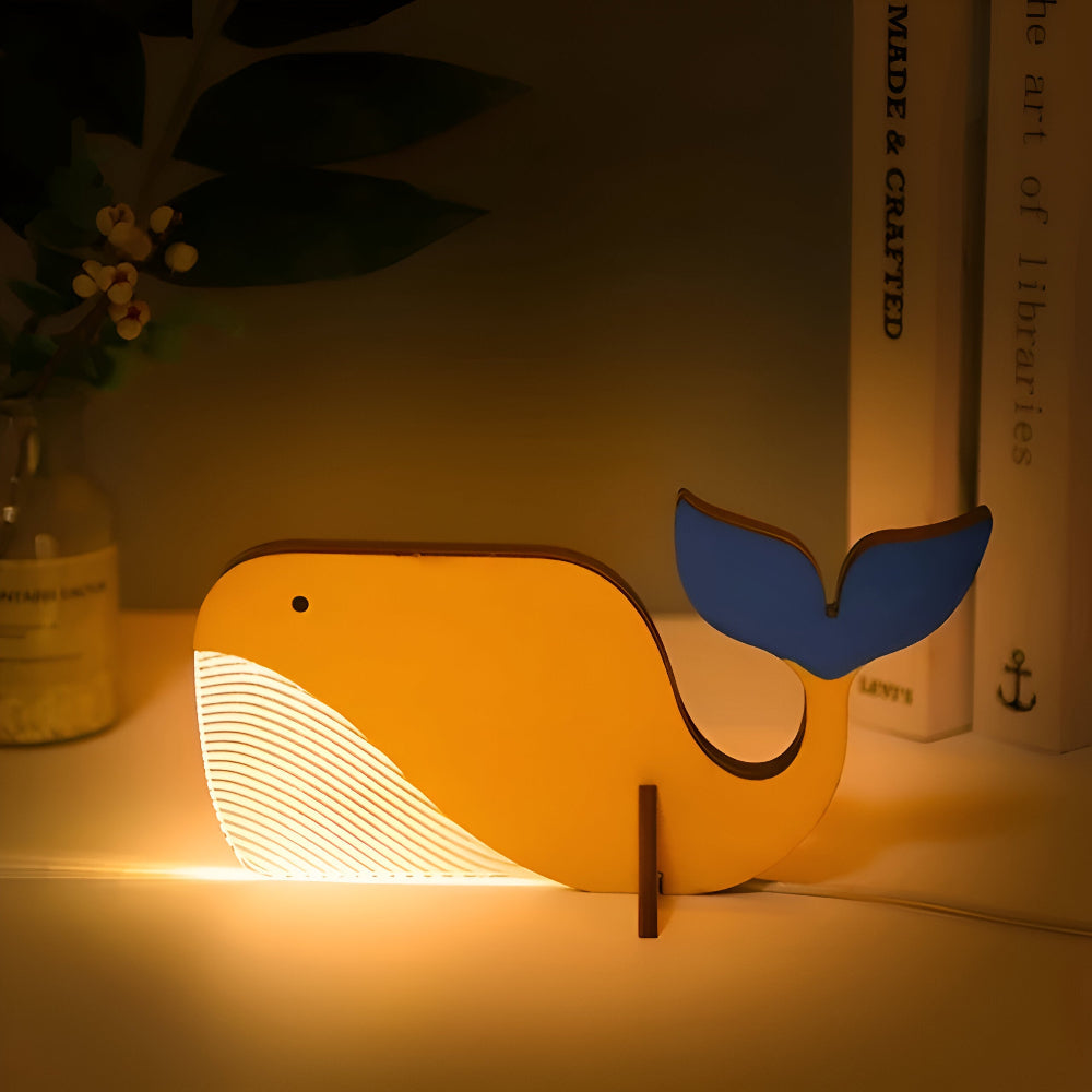 Drewniana Lampa Stołowa LED z Motywami Zwierząt – Urocza Lampa Dziecięca do Pokoju, Akryl i Drewno, Wbudowany Port USB 4