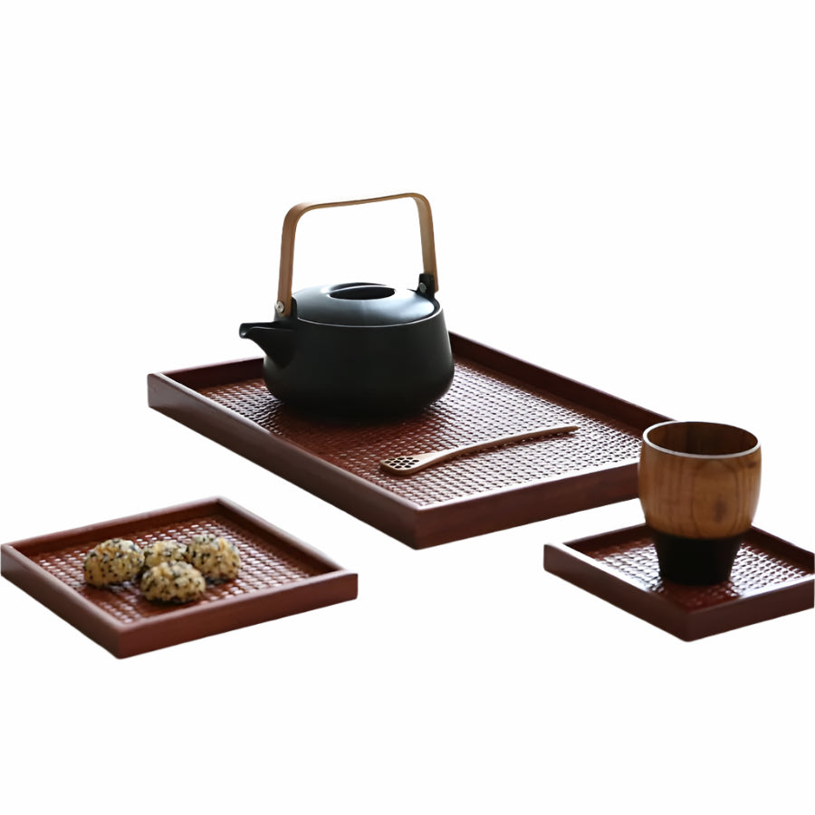 Drewniana Taca do Herbaty w Stylu Japońskim – Zestaw 4 Elementów z Podniesionymi Brzegami, Idealna do Ceremonii Picia Herbaty 0
