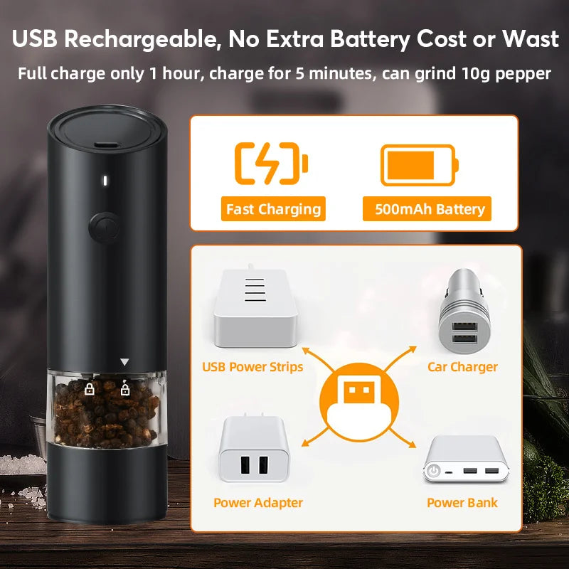 Elektryczny młynek do soli i pieprzu – Regulowana grubość, drewniany design, ładowany przez USB, idealny do przypraw 4