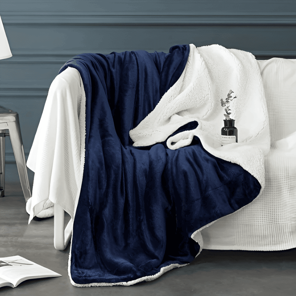 Gruby Ciepły Koc Fleece, Dwustronny Flanelowy Koc Sherpa, Idealny na Zimowe Wieczory, 70x100cm - Granatowy 0
