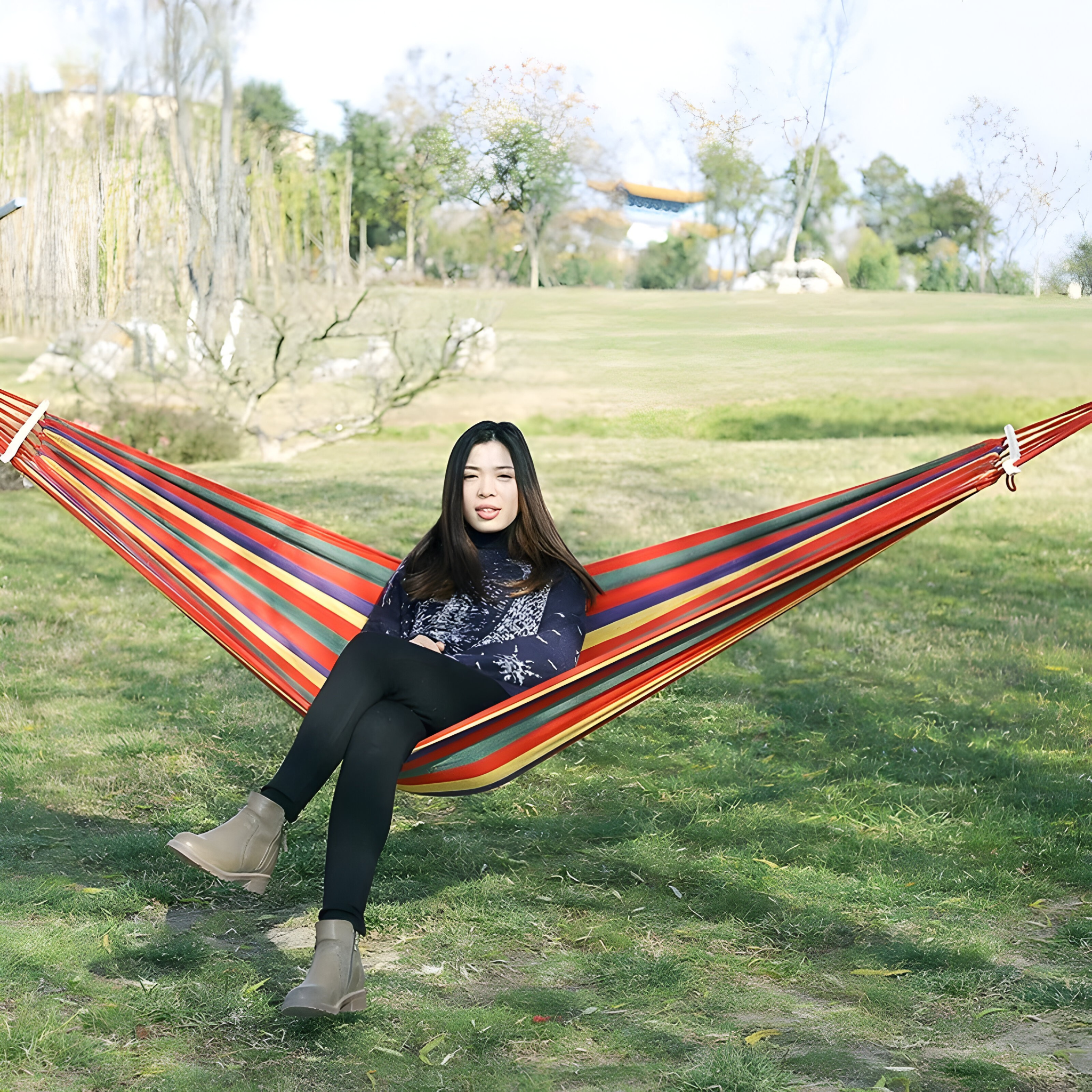 Hamak Ogrodowy Dwuosobowy z Grubej Tkaniny, Przenośny Hamak Turystyczny do Ogrodu i na Wyjazdy 2