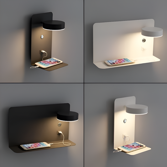 Kinkiet LED Aluminiowy z Półką i Ładowaniem USB – Nowoczesny Kinkiet Ścienny do Sypialni i Salonu, ściemnianie Trójkolorowe 1