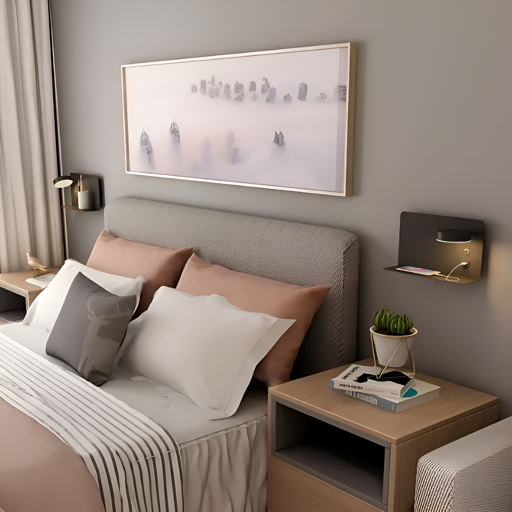 Kinkiet LED Aluminiowy z Półką i Ładowaniem USB – Nowoczesny Kinkiet Ścienny do Sypialni i Salonu, ściemnianie Trójkolorowe 4