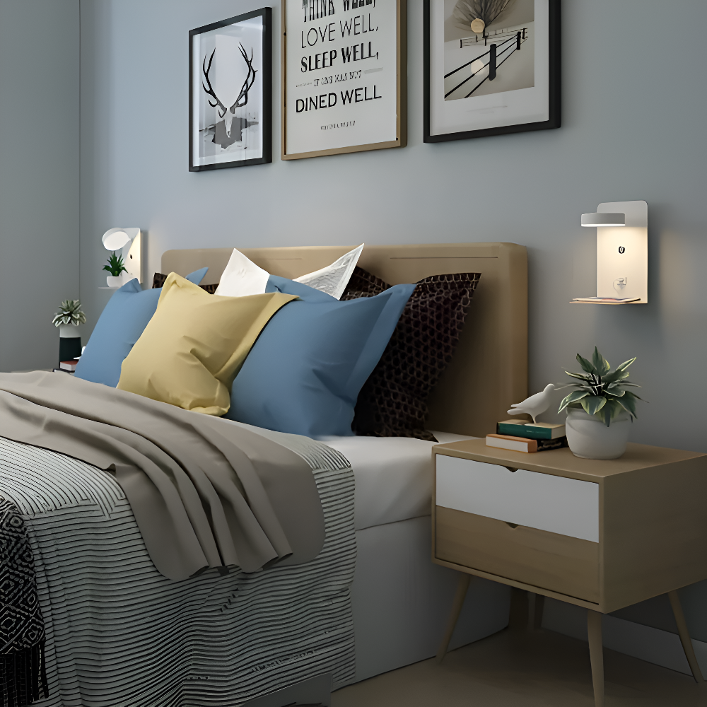 Kinkiet LED Aluminiowy z Półką i Ładowaniem USB – Nowoczesny Kinkiet Ścienny do Sypialni i Salonu, ściemnianie Trójkolorowe 5