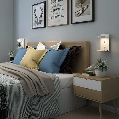 Kinkiet LED Aluminiowy z Półką i Ładowaniem USB – Nowoczesny Kinkiet Ścienny do Sypialni i Salonu, ściemnianie Trójkolorowe 5