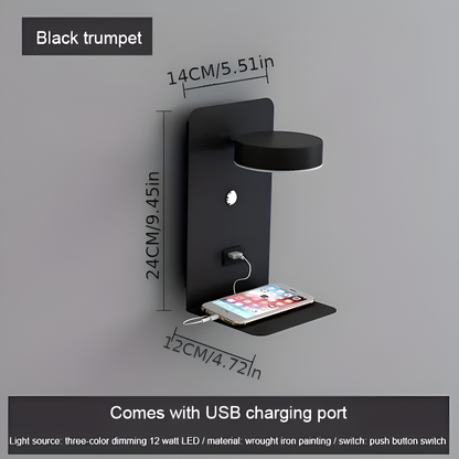 Kinkiet LED Aluminiowy z Półką i Ładowaniem USB – Nowoczesny Kinkiet Ścienny do Sypialni i Salonu, ściemnianie Trójkolorowe 6