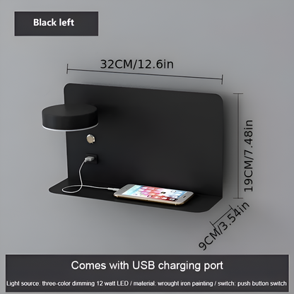 Kinkiet LED Aluminiowy z Półką i Ładowaniem USB – Nowoczesny Kinkiet Ścienny do Sypialni i Salonu, ściemnianie Trójkolorowe 8