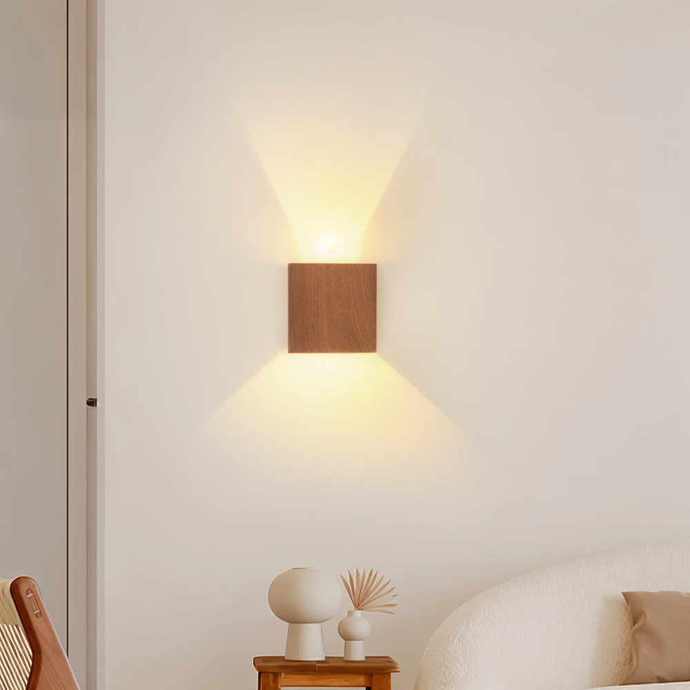 Kinkiet Ścienny Boxy LED z Drewna, Stylowy Kinkiet do Sypialni i Salonu, Prostokątna Lampa Oświetleniowa 2