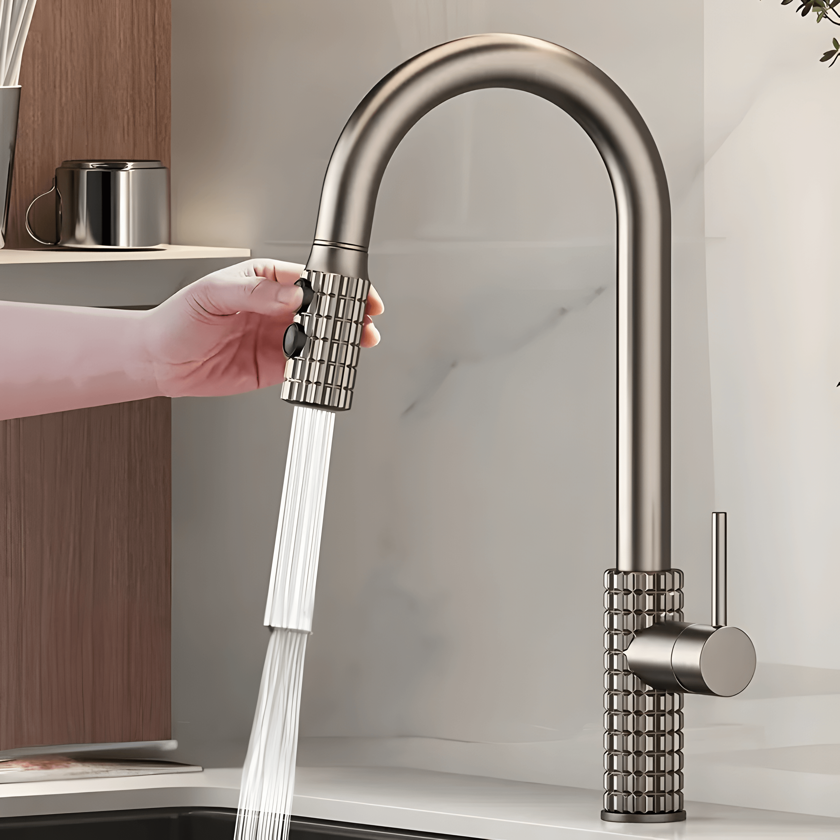 Kran kuchenny z wyciąganą słuchawką – Elegancki, funkcjonalny mosiężny model z wysokim łukiem do każdej kuchni 2