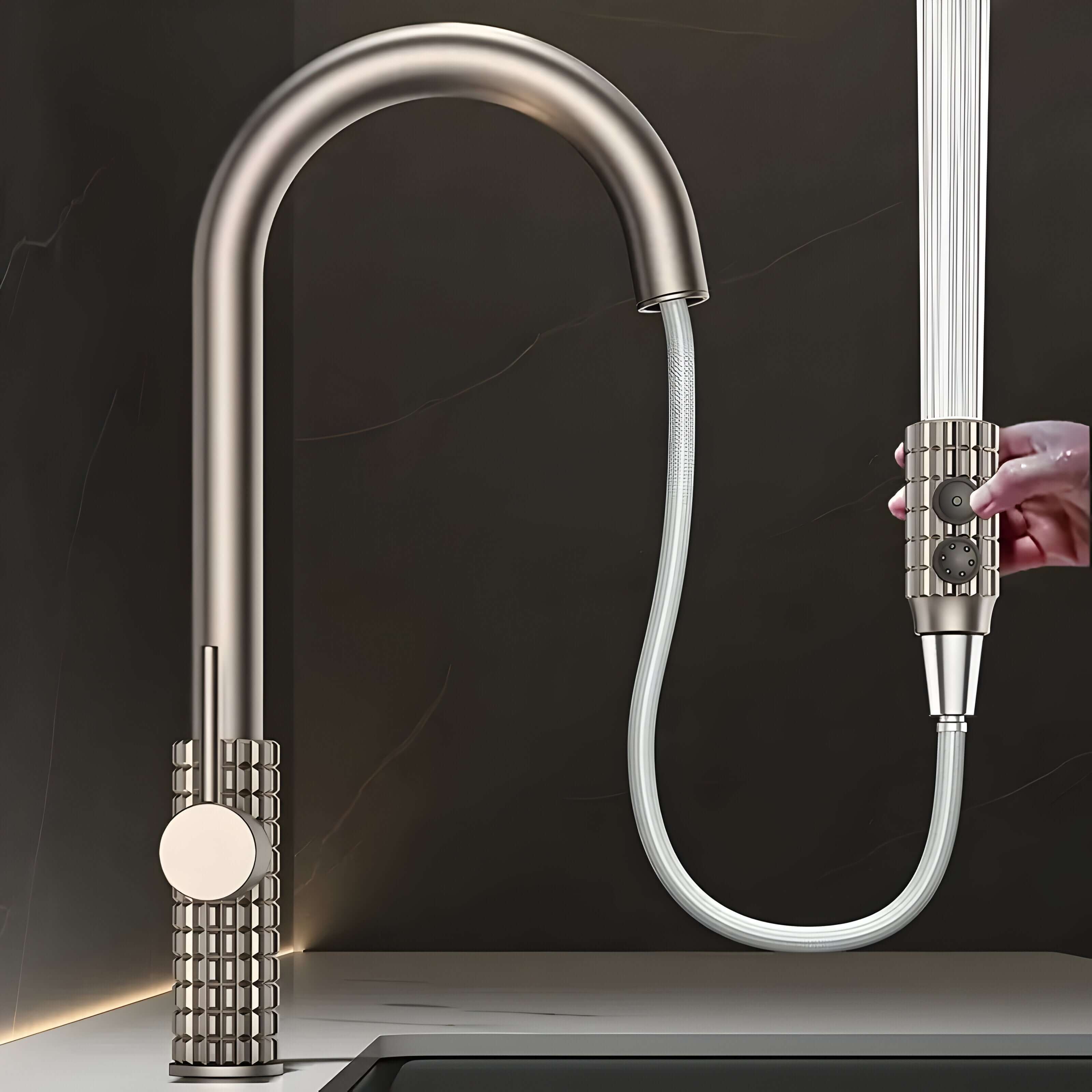 Kran kuchenny z wyciąganą słuchawką – Elegancki, funkcjonalny mosiężny model z wysokim łukiem do każdej kuchni 3