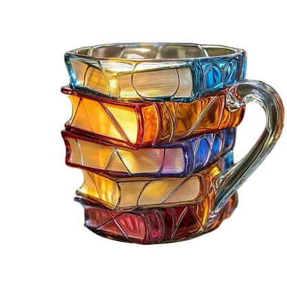 Książkowy Szklany Kubek 350 ml – Trójwymiarowy Wzór, Idealny dla Miłośników Kawy i Literatury [kubek szklany] 1