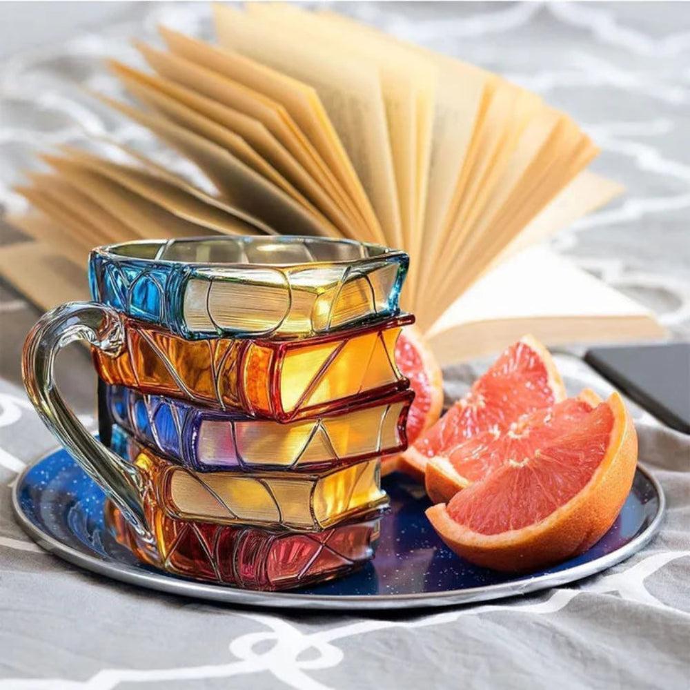 Książkowy Szklany Kubek 350 ml – Trójwymiarowy Wzór, Idealny dla Miłośników Kawy i Literatury [kubek szklany] 2