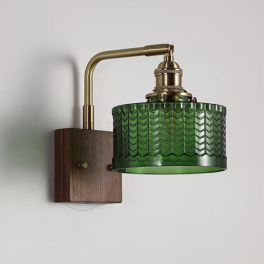 Lampa Ścienna Kinkiet z Drewnianą Podstawą i Szklanym Kloszem – Zielony Motyw, 24 cm x 20 cm 1