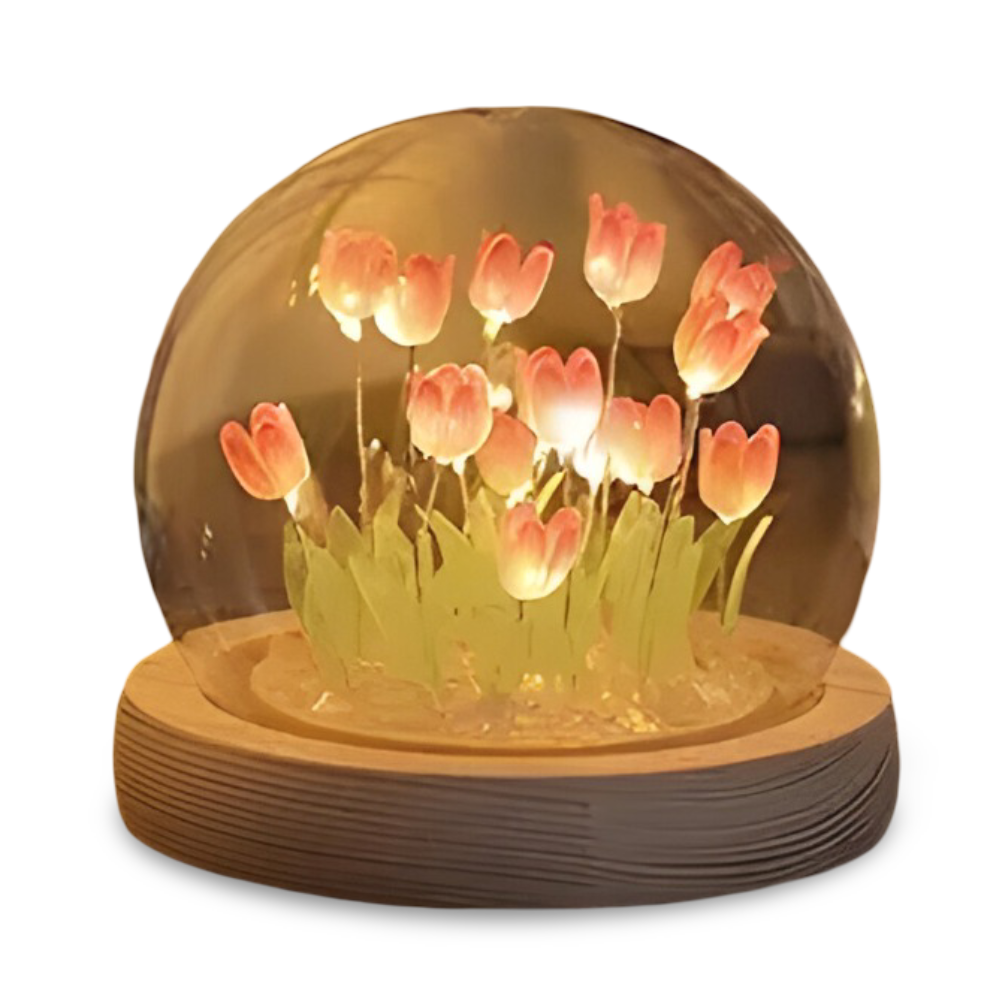 Lampa Stołowa LED Tulipanowa Szklana z Drewnianą Podstawą – Bezprzewodowa Lampa na Baterie do Salonów 10