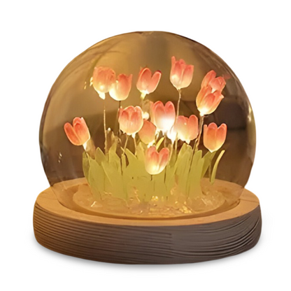 Lampa Stołowa LED Tulipanowa Szklana z Drewnianą Podstawą – Bezprzewodowa Lampa na Baterie do Salonów 10