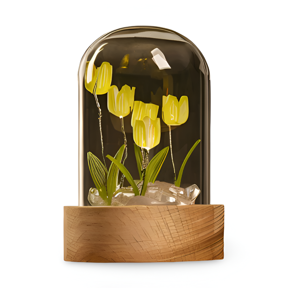 Lampa Stołowa LED Tulipanowa Szklana z Drewnianą Podstawą – Bezprzewodowa Lampa na Baterie do Salonów 13