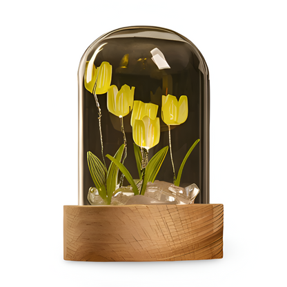 Lampa Stołowa LED Tulipanowa Szklana z Drewnianą Podstawą – Bezprzewodowa Lampa na Baterie do Salonów 13