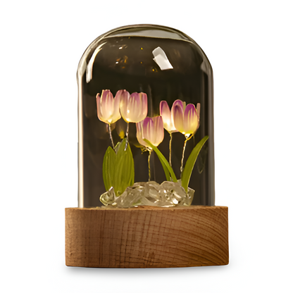 Lampa Stołowa LED Tulipanowa Szklana z Drewnianą Podstawą – Bezprzewodowa Lampa na Baterie do Salonów 14