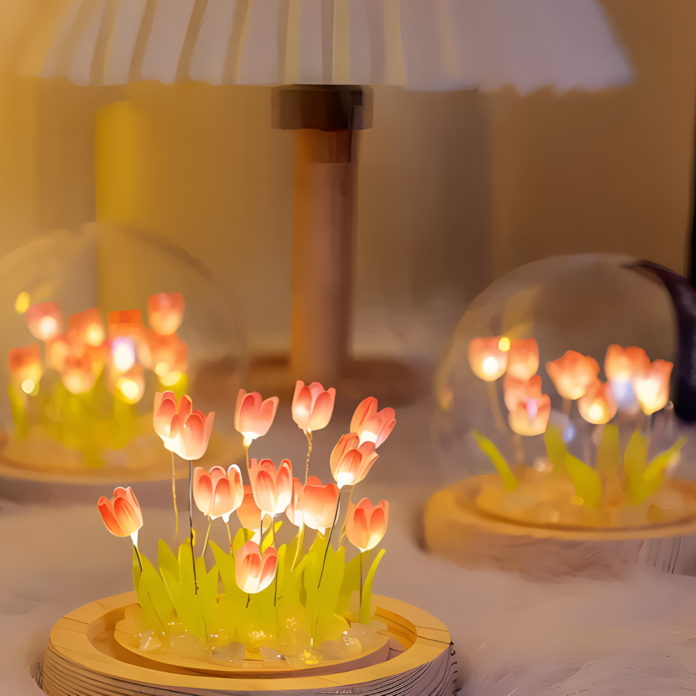 Lampa Stołowa LED Tulipanowa Szklana z Drewnianą Podstawą – Bezprzewodowa Lampa na Baterie do Salonów 2