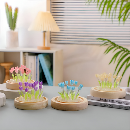 Lampa Stołowa LED Tulipanowa Szklana z Drewnianą Podstawą – Bezprzewodowa Lampa na Baterie do Salonów 3