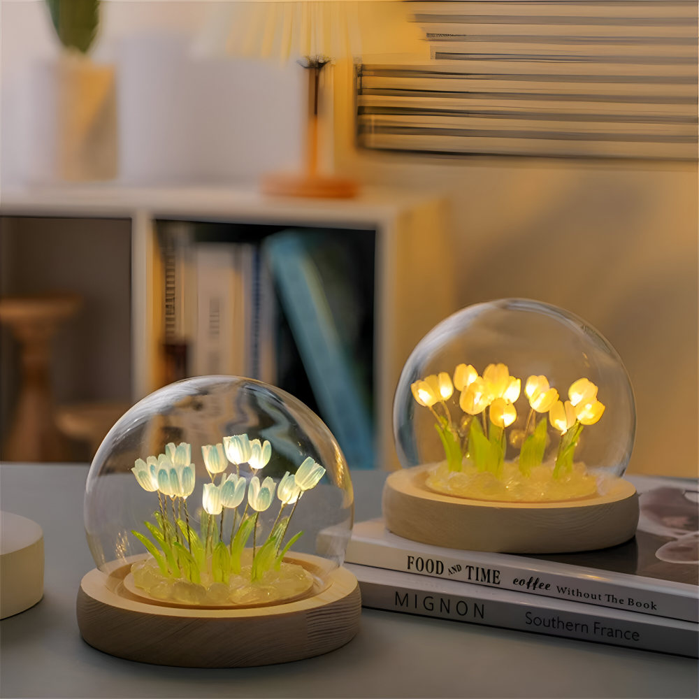 Lampa Stołowa LED Tulipanowa Szklana z Drewnianą Podstawą – Bezprzewodowa Lampa na Baterie do Salonów 5
