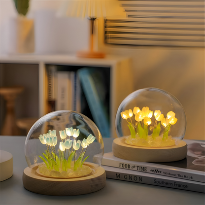 Lampa Stołowa LED Tulipanowa Szklana z Drewnianą Podstawą – Bezprzewodowa Lampa na Baterie do Salonów 5