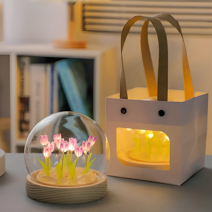 Lampa Stołowa LED Tulipanowa Szklana z Drewnianą Podstawą – Bezprzewodowa Lampa na Baterie do Salonów 6