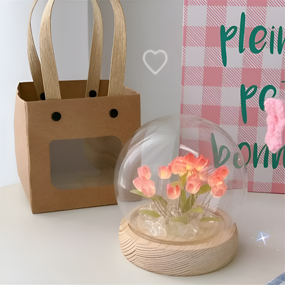 Lampa Stołowa LED Tulipanowa Szklana z Drewnianą Podstawą – Bezprzewodowa Lampa na Baterie do Salonów 8