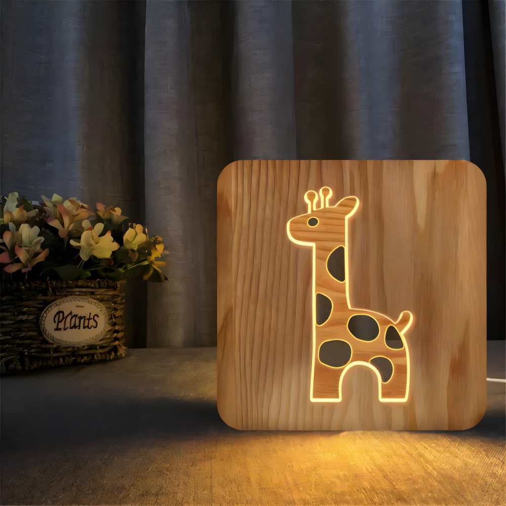 Lampka Nocna LED w Kształcie Żyrafy dla Dzieci – Przytulna Lampa do Sypialni, Energooszczędna, Ciepłe Światło, Drewniana Dekoracja 2