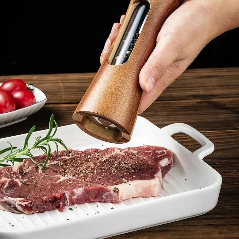 Młynek elektryczny do soli i pieprzu – Drewniany młynek do przypraw z ceramicznym rdzeniem, elegancki i funkcjonalny do kuchni 3