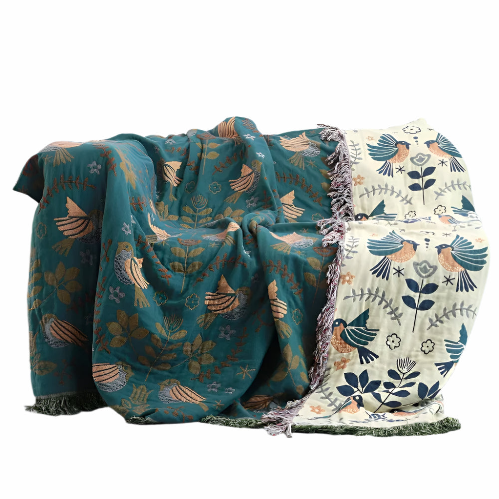 Odwracalny Koc Bawełniany z Wyszywanymi Motywami Ptaków i Kwiatów – 100% Bawełna, Idealny do Domu i Pikniku 3