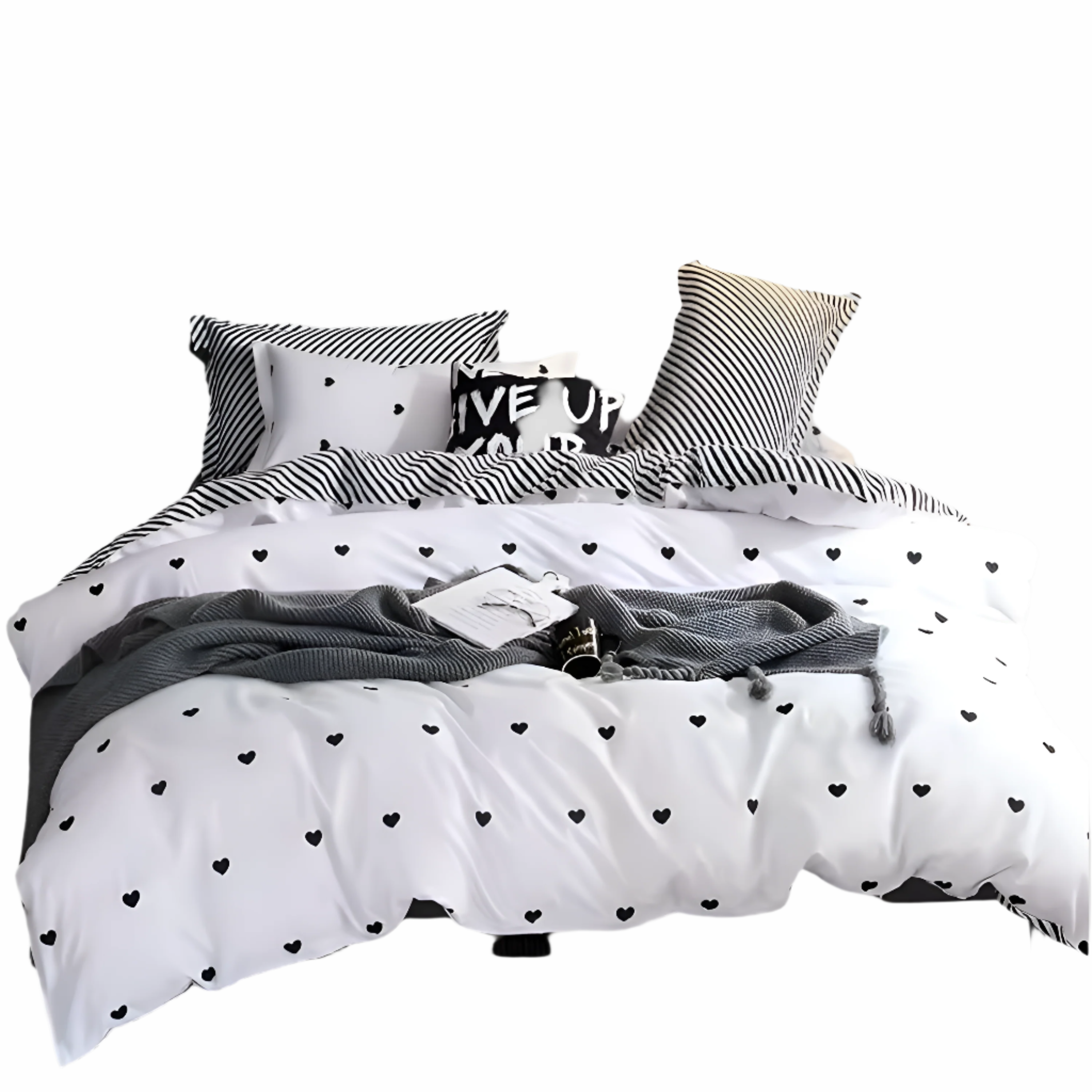 Pościel 200x220 z poliestru – Elegancki zestaw z czarnym wzorem serca, miękki i oddychający, idealny do sypialni 1