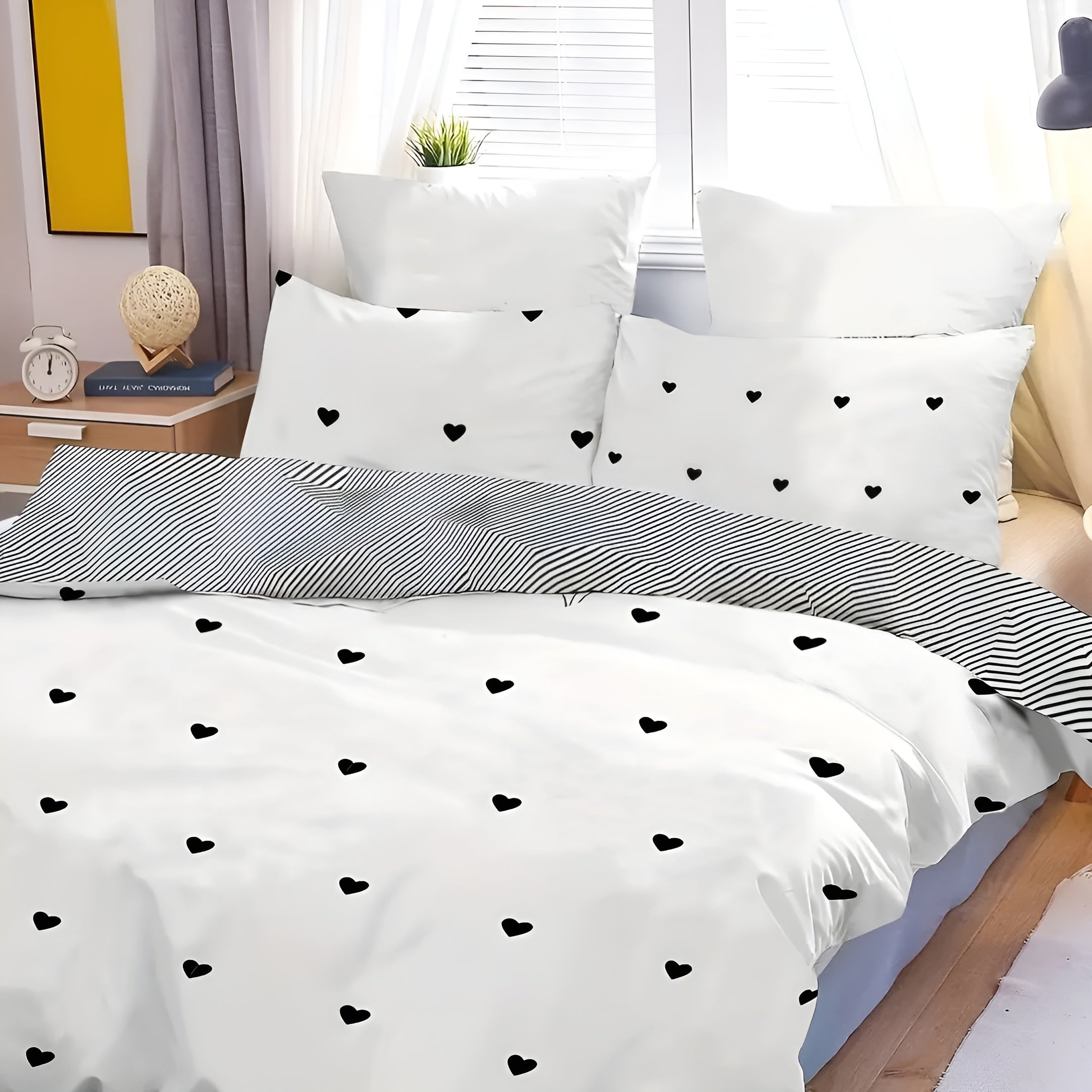 Pościel 200x220 z poliestru – Elegancki zestaw z czarnym wzorem serca, miękki i oddychający, idealny do sypialni 2