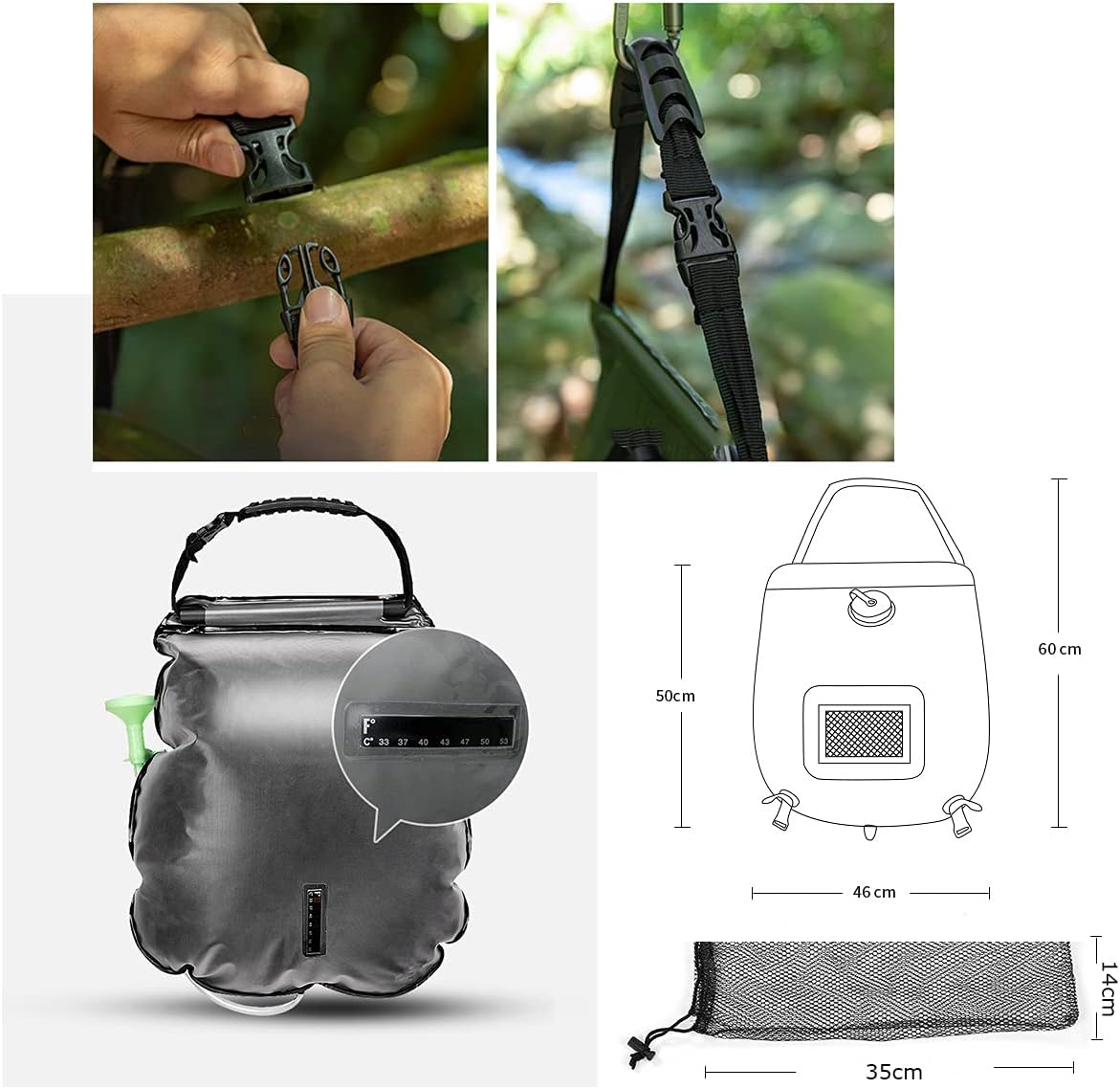 Przenośna Torba Prysznicowa 20L z Wskaźnikiem Temperatury – Idealna na Kemping, Ekologiczne Materiały PVC 7