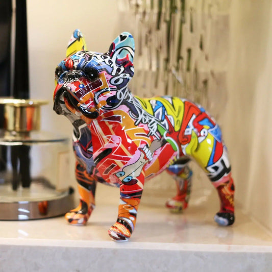 Rzeźba Graffiti Bulldog z Żywicy – Kolorowa Dekoracja do Wnętrz, Nowoczesny Styl, 30 cm x 20 cm x 15 cm 1