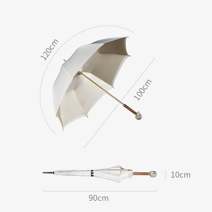 Luksusowy parasol z czaszką prezentowany z eleganckimi dodatkami modowymi