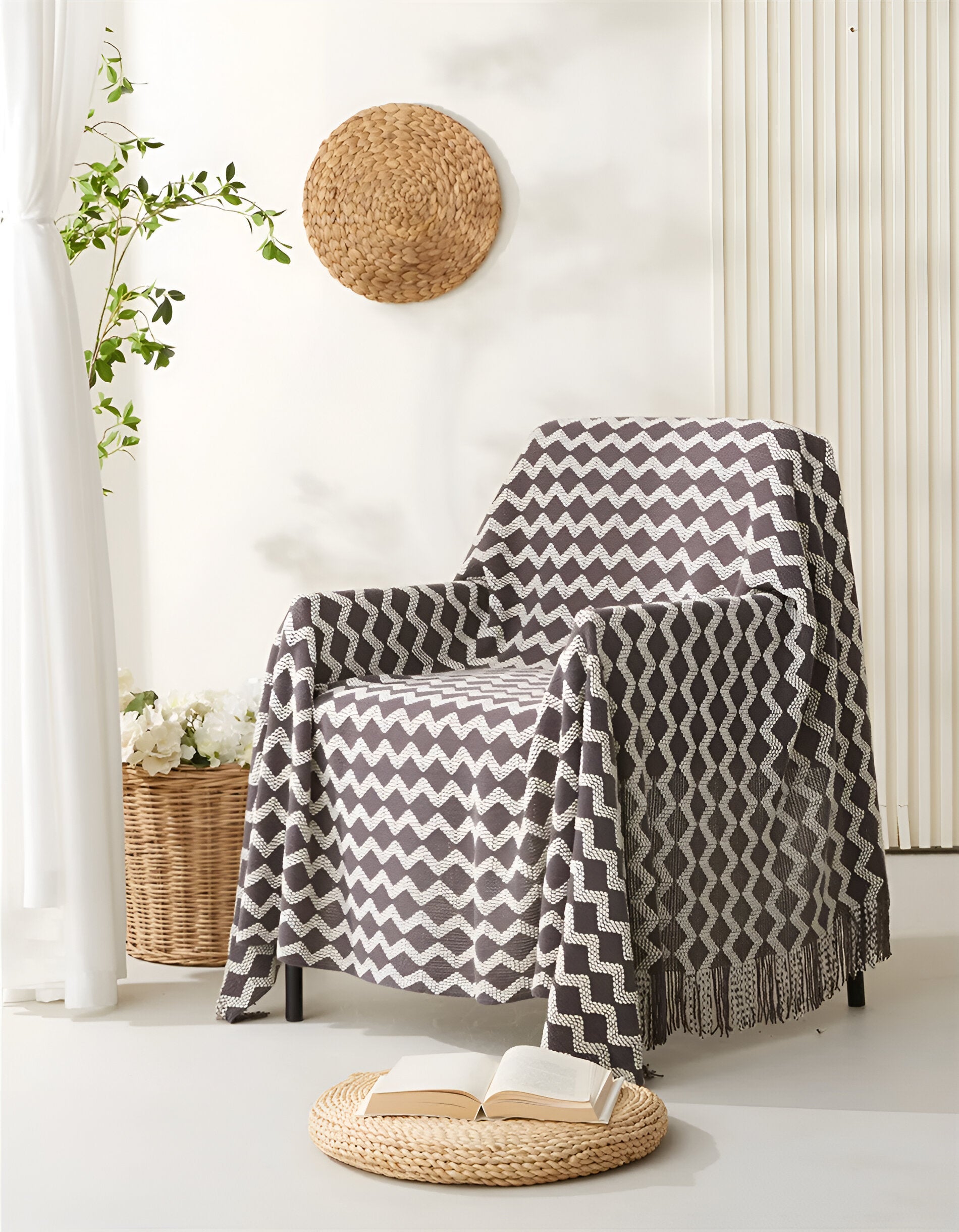 Stylowy Kocyk Fleece z Frędzlami, Geometriczny Wzór Boho, Komfort przez Cały Rok, 130x220 cm, Żółty, Niebieski, Zielony, Bordowy 0